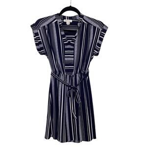 Monteau‎ Belt A-Line Dress Striped Short Coastal Nautical Country Club Blue S